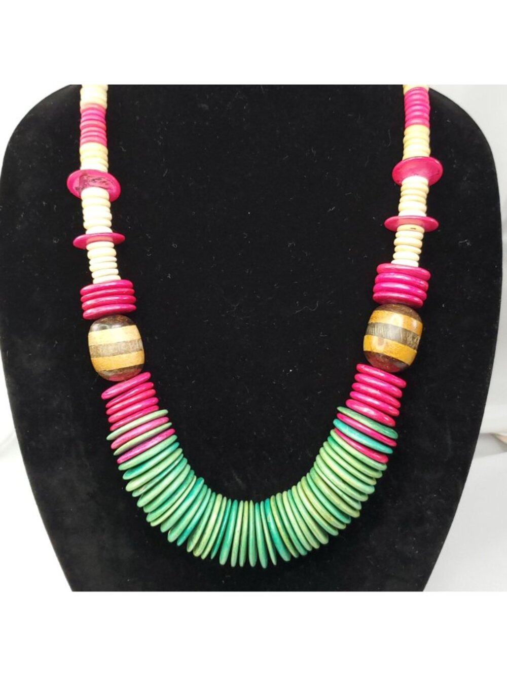 VTG Chunky Wooden Necklace Multicolor Disk Beads Boho Hippie jewelry Green Pink - Picture 8 of 10